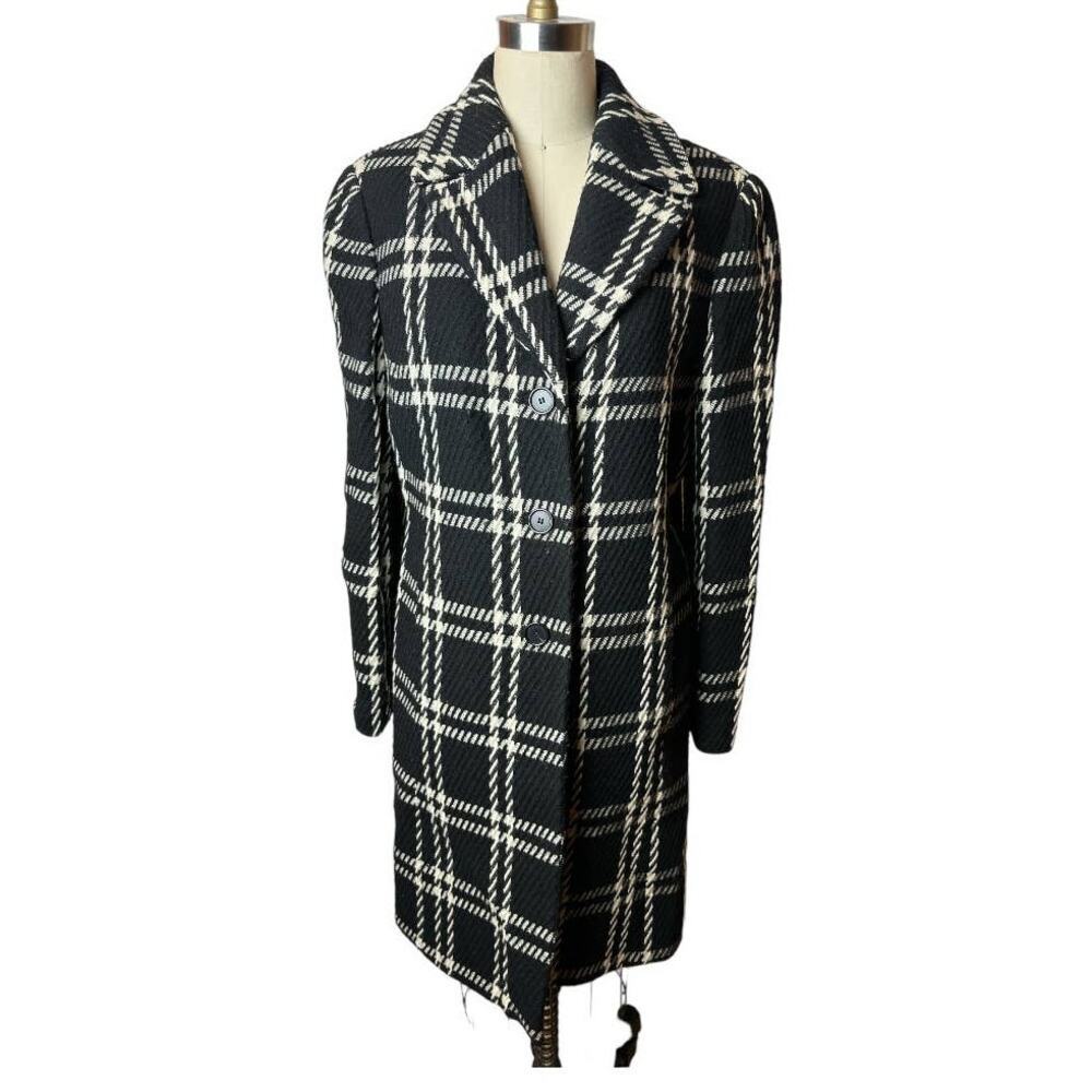 Ann Taylor Black and White Plaid Wool Blend Mid-Length Coat